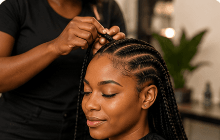 Professional hairstylist creating braids for a client